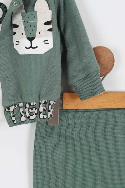 Yeşil (3-12 Ay) Tiger Baskılı Kapüşonlu İnterlok Erkek Bebek 3'lü Takım 335775