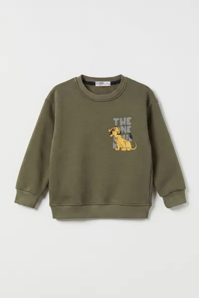 Yeşil (3-12 Yaş) Aslan Baskılı Şardonlu 3 İp Erkek Çocuk Sweatshirt 484131