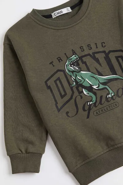 Yeşil (3-12 Yaş) Dino Baskılı 3 İp Şardonlu Erkek  Çocuk Sweatshirt 483907