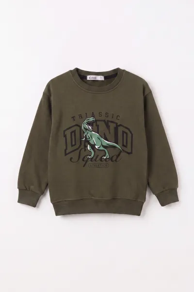 Yeşil (3-12 Yaş) Dino Baskılı 3 İp Şardonlu Erkek  Çocuk Sweatshirt 483907