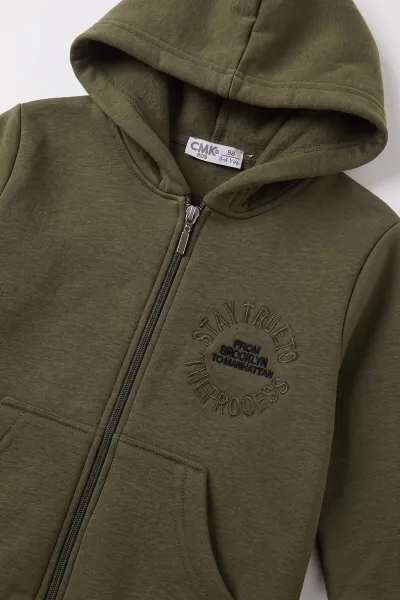 Yeşil (3-12 Yaş) Nakışlı Kapüşonlu Fermuarlı  Şardonlu 3 İp Erkek Çocuk Sweatshirt 484133