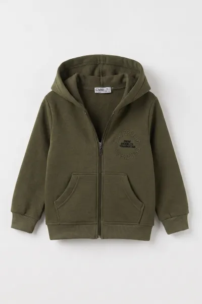 Yeşil (3-12 Yaş) Nakışlı Kapüşonlu Fermuarlı  Şardonlu 3 İp Erkek Çocuk Sweatshirt 484133