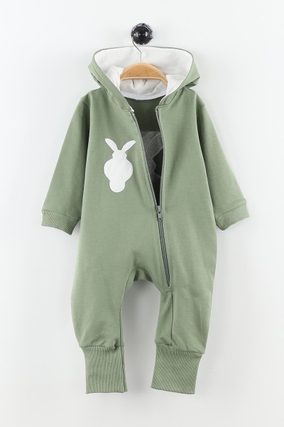 Yeşil (3-15 Ay) Ponpon Tavşan Nakışlı Erkek Bebe Tulum 166807