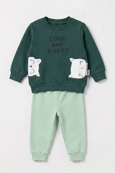 Yeşil (3-18 Ay)  Cool And Happy Baskılı 2 İp Kız Bebek Mevsimlik Takım 481119