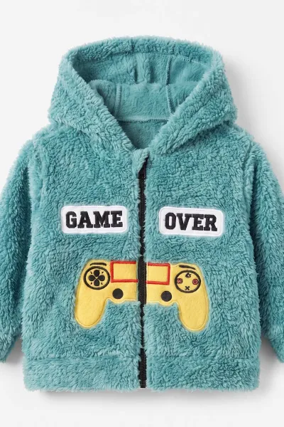 Yeşil (3-24 Ay) Game Over Nakışlı Fermuarlı ve Kapüşonlu Erkek Bebek Peluş Takım 497123