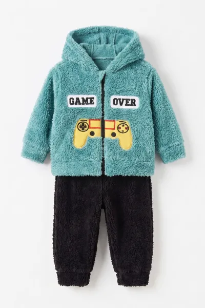 Yeşil (3-24 Ay) Game Over Nakışlı Fermuarlı ve Kapüşonlu Erkek Bebek Peluş Takım 497123
