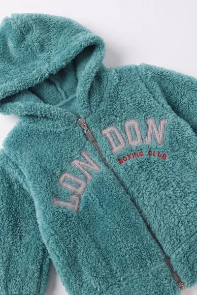 Yeşil (3-24 Ay) London Nakışlı Hırkalı Peluş Erkek Bebek 2'li Takım 498181
