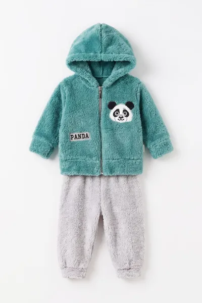 Yeşil (3-24 Ay) Panda Nakışlı Fermuarlı ve Kapüşonlu Erkek Bebek Peluş Takım 497029