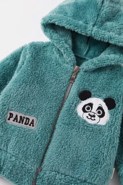 Yeşil (3-24 Ay) Panda Nakışlı Fermuarlı ve Kapüşonlu Erkek Bebek Peluş Takım 497029