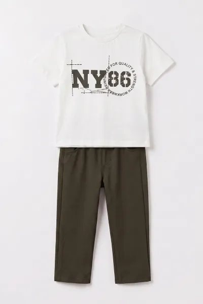 Yeşil (3-7 Yaş) NY 86 Baskılı Süprem Tişörtlü Gömlek ve Pantolonlu Erkek Çocuk 3'lü Takım 481771