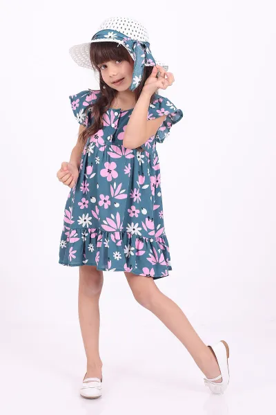 yesil-3-8-yas-cicek-desenli-sapka-detayli-viskon-kiz-cocuk-elbise-334379