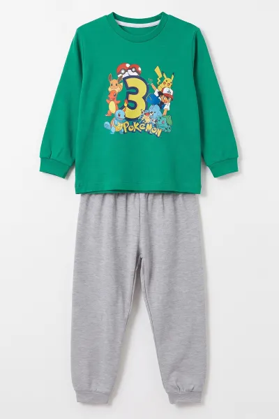Yeşil (3-8 Yaş) Karakter Baskılı İnterlok Kumaş Erkek Çocuk Pijama Takım 491032