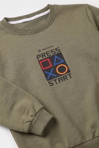 Yeşil (4-12 Yaş) Press Start Baskılı 2 İp Erkek Çocuk Sweatshirt 493692