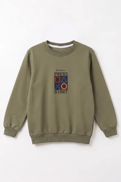 Yeşil (4-12 Yaş) Press Start Baskılı 2 İp Erkek Çocuk Sweatshirt 493692