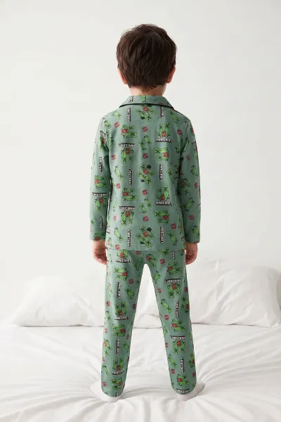 Yeşil (4-12 Yaş)Karakter  Desenli   Uzun Kol  Ön Düğmeli  Erkek  Çocuk Pijama Takım 473671