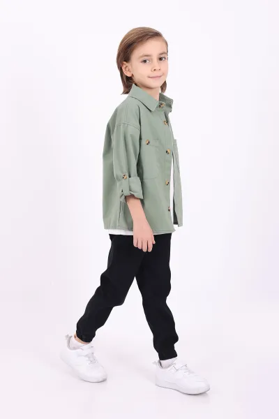 Yeşil (5-14 Yaş) Çift Cepli Oversize Kalıp Erkek Çocuk Gabardin Gömlek 323435