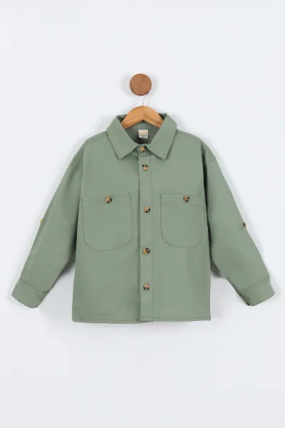 Yeşil (5-14 Yaş) Çift Cepli Oversize Kalıp Erkek Çocuk Gabardin Gömlek 323435