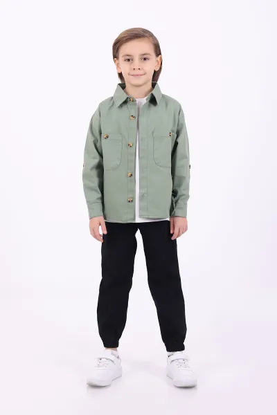 Yeşil (5-14 Yaş) Çift Cepli Oversize Kalıp Erkek Çocuk Gabardin Gömlek 323435