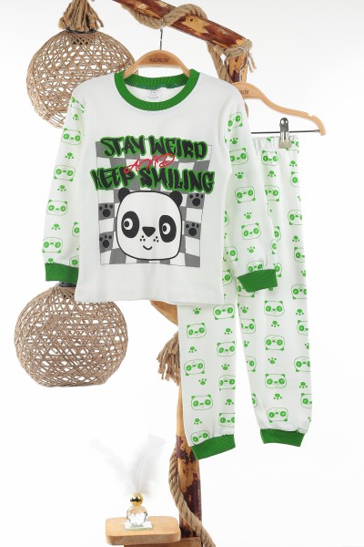 Yeşil (4-6 Yaş) Sevimli Panda Baskılı Erkek Çocuk Pijama Takım 137325