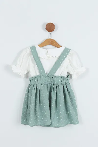 Yeşil (4-8 Yaş) Papatya Tokalı Bebe Yaka Kız Çocuk Salopet Takım 276849