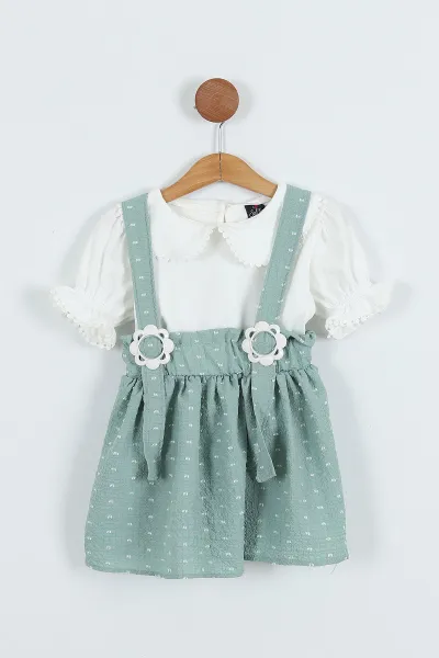 Yeşil (4-8 Yaş) Papatya Tokalı Bebe Yaka Kız Çocuk Salopet Takım 276849