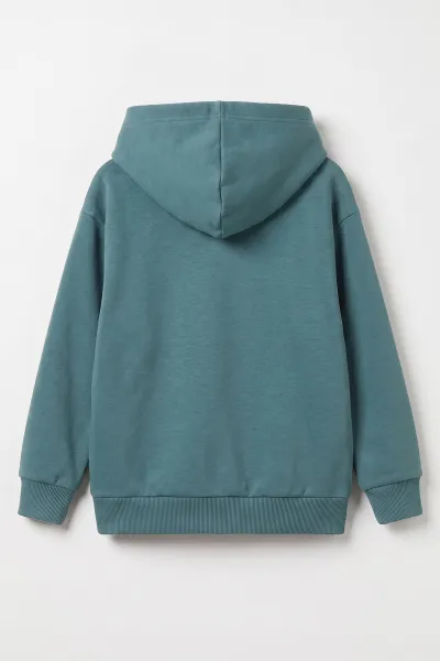Yeşil (5-12 Yaş) Baskısız Fermuarlı Kapüşonlu 3 ip Şardonlu Erkek Çocuk Sweatshirt 483573