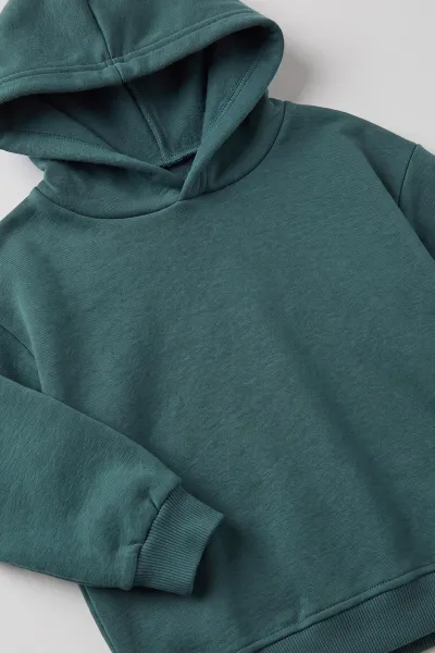 Yeşil (5-12 Yaş)Kapüşonlu Baskısız Üç İp Şardonlu Erkek Çocuk Sweatshirt 492183