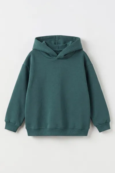 Yeşil (5-12 Yaş)Kapüşonlu Baskısız Üç İp Şardonlu Erkek Çocuk Sweatshirt 492183