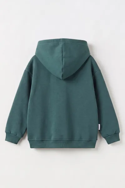Yeşil (5-12 Yaş)Kapüşonlu Baskısız Üç İp Şardonlu Erkek Çocuk Sweatshirt 492183