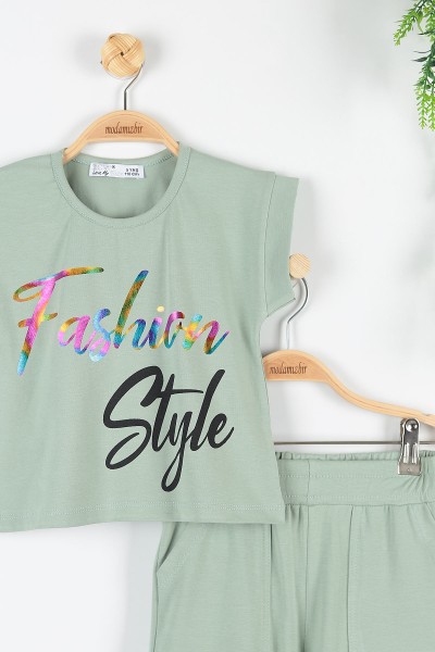 Yeşil (5-8 Yaş) Fashion Baskılı Kol Detaylı Kız Çocuk Takım 172739
