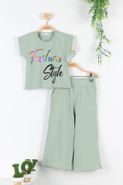 Yeşil (5-8 Yaş) Fashion Baskılı Kol Detaylı Kız Çocuk Takım 172739
