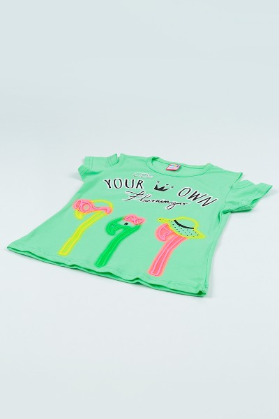 Yeşil (5-8 yaş) Flamingo Baskılı Kız Çocuk Tşört 105048