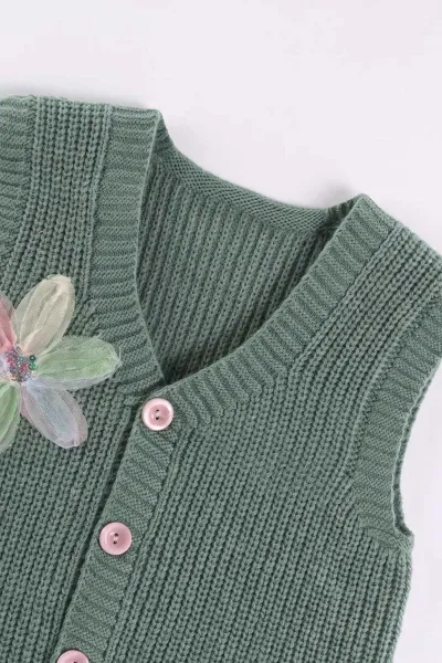 Yeşil (5-8 Yaş) Pullu Çiçek Motifli Triko Selanik Kız Çocuk Yelek 474273