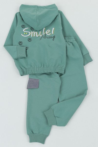 Yeşil (5-8 Yaş)Smile Baskılı Cep Detay Kapüşonlu Kız Çocuk Mevsimlik Takım 133528