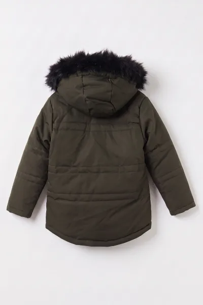 Yeşil (6-10 Yaş) Şişme Şapkası  Kürklü Kapüşonlu Erkek Çocuk Mont 494182
