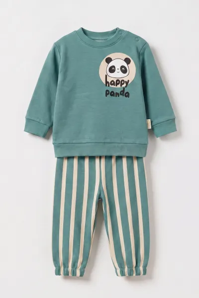 Yeşil (6-18 Ay) Happy Panda Baskılı Alt Lastikli Paça Erkek Bebek Takım 479399