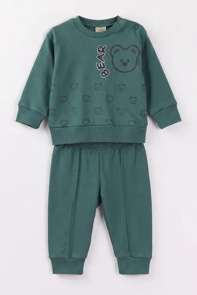 Yeşil (6-18 Ay)Bear Baskılı Çıtçıtlı Çimalı Erkeke Bebek Takım 477414