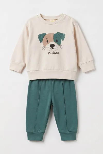 Yeşil (6-18 Ay)Köpek Baskılı Çıtçıtlı Çimalı Erkek Bebek Takım 477641