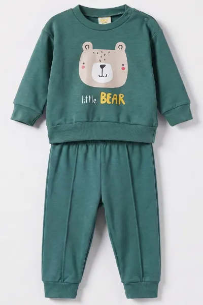 Yeşil (6-18 Ay)Little Bear Baskılı Çıtçıtlı Çimalı Erkek Bebek Takım 477950