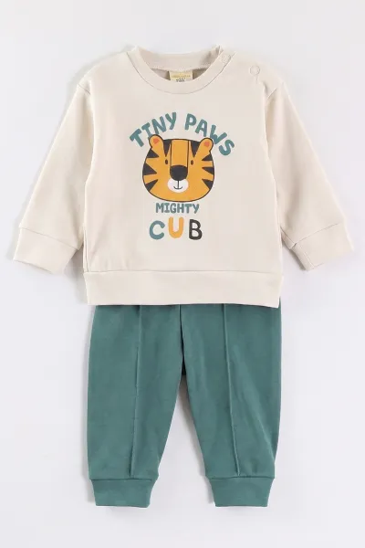 Yeşil (6-18 Ay)Tiny Paws Baskılı Çıtçıtlı Çimalı Erkek Bebek Takım 477854
