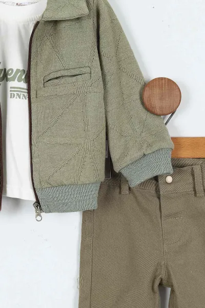 Yeşil (6-24 Ay) Baskılı Bodyli  Triko Ceketli Gabardin Pantolonlu Erkek Bebek 3'lü Takım 408450