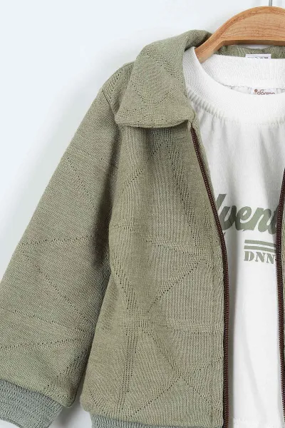 Yeşil (6-24 Ay) Baskılı Bodyli  Triko Ceketli Gabardin Pantolonlu Erkek Bebek 3'lü Takım 408450