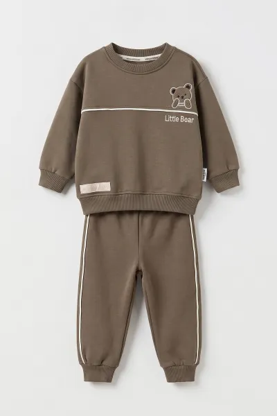 Yeşil (6-24 Ay) Little Bear Nakışlı Kıl Biyei İçi Şardonlu Erkek Bebek Kışlık Takım 495703