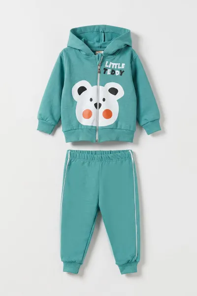 Yeşil (6-24 Ay) Little Teddy Baskılı Kapüşonlu Fermuarlı Erkek Bebek Takım 473147