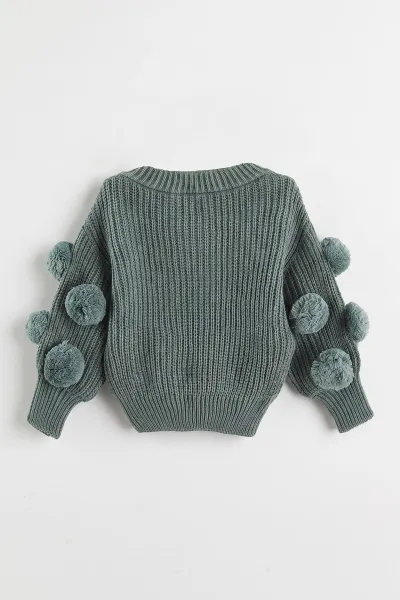 Yeşil (6-24 Ay) Selanik Örgülü Oversize Kolları Ponponlu Kız Bebek Triko Kazak 474598