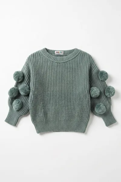 Yeşil (6-24 Ay) Selanik Örgülü Oversize Kolları Ponponlu Kız Bebek Triko Kazak 474598