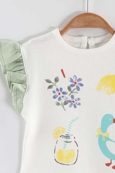 Yeşil (6-24 Ay)Baskılı Koldan Fırfırlı Waffle  Kız Bebek  Yazlık Takım 440526