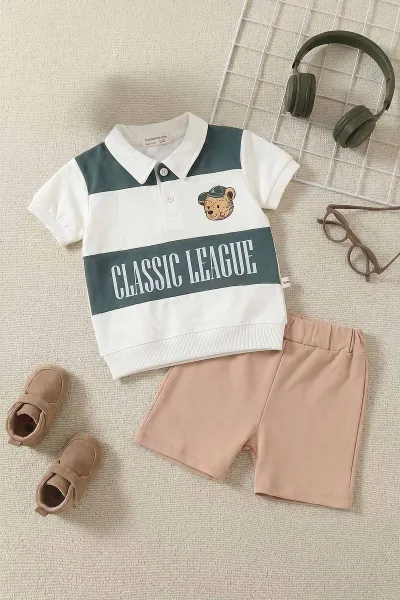 Yeşil (6-24 Ay)Classic Leauge Baskılı Polo Yaka   Tişört ve Şortlu Erkek Bebek Yazlık Takım 467558