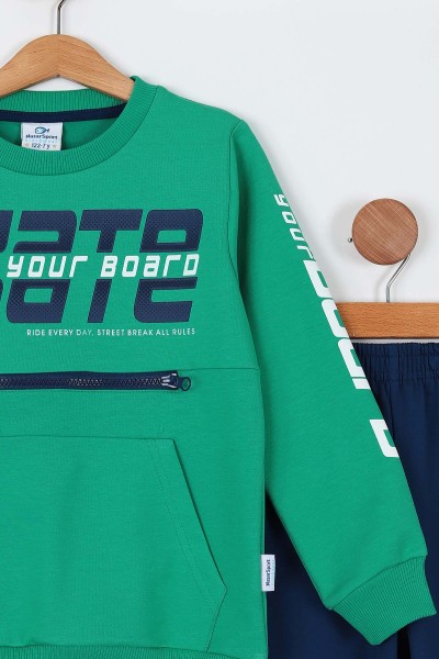 Yeşil (7-10 Yaş) Skate Baskılı Fermuar Detaylı Kanguru Cepli Erkek Çocuk Takım 199292