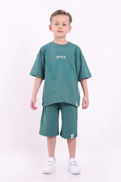 Yeşil (7-10 Yaş) Style Baskılı Şortlu Penye Erkek Çocuk Yazlık Takım 347469